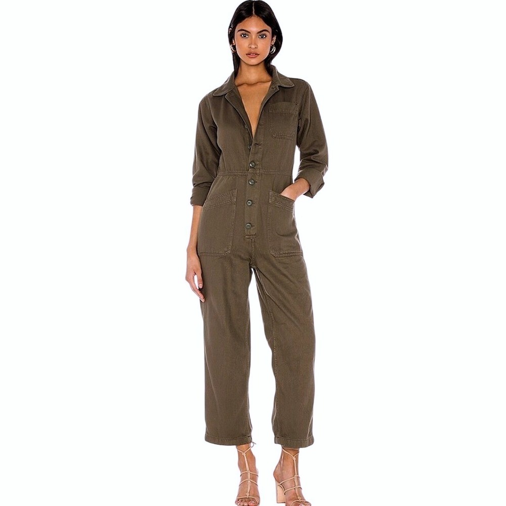 Free People Gia Coveralls Utility Jumpsuit Olive Green Cotton Boiler Suit XS